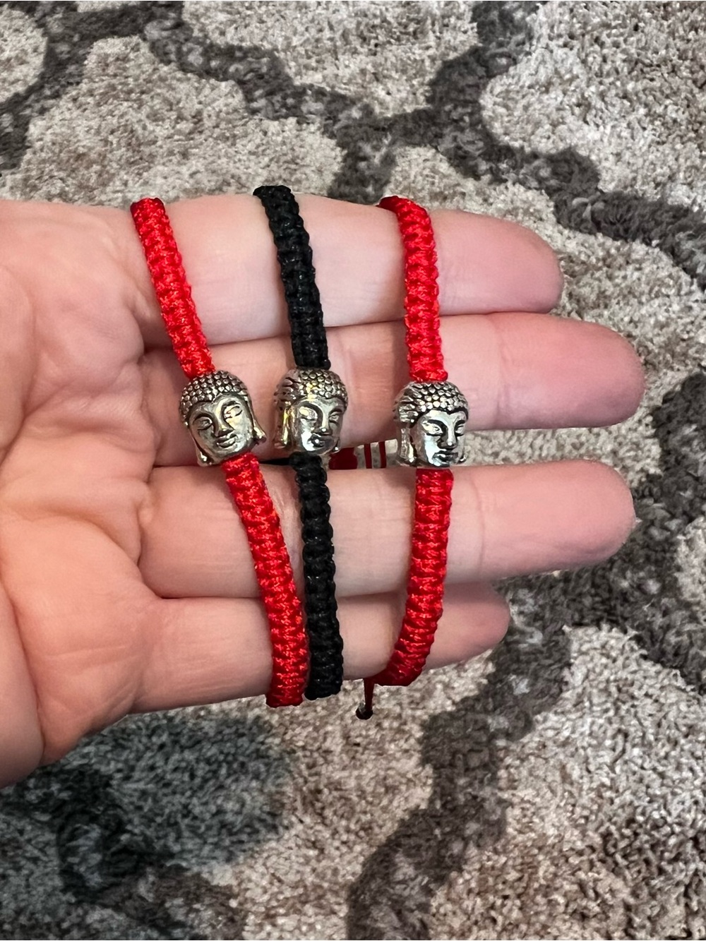 NEW Set of 3 Silver Buddha Bracelets Red & Black Cord Stainless Steel Adjustable